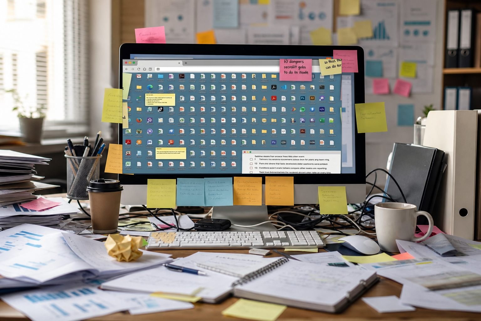 Mesa de trabajo desordenada con papeles, notas y pantalla saturada